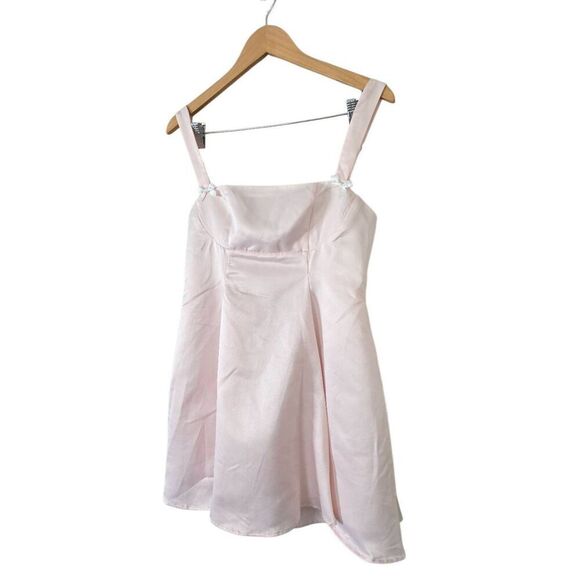 Lulus Flawlessly Flirty Blush Pink Satin Tie-Back Skater Mini Dress Size Large - Picture 5 of 7